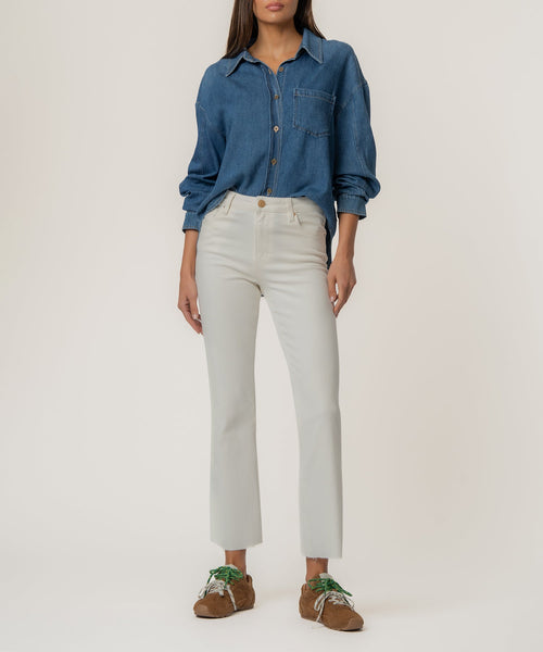 Kelsey Ecru High Rise Raw Hem Ankle Flare Jean