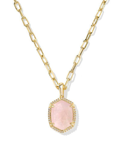 Daphne Pave Gold Frame Pendant Necklace-Rose Quartz