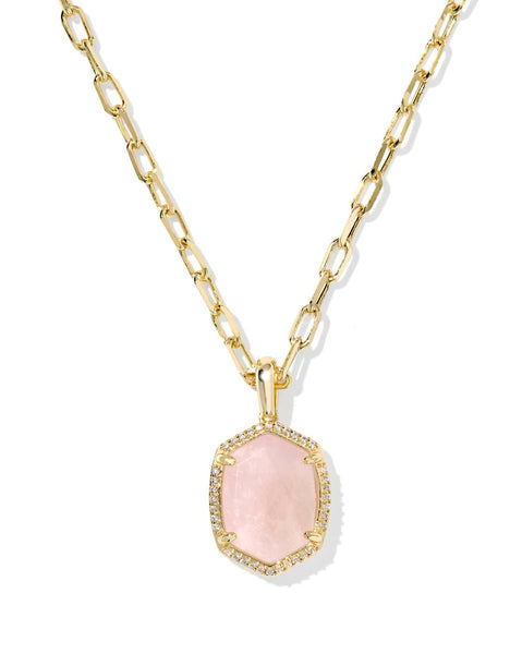 Daphne Pave Gold Frame Pendant Necklace-Rose Quartz