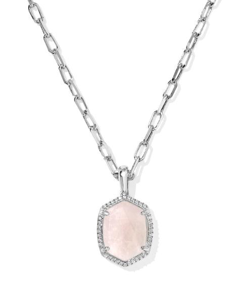 Daphne Pave Silver Frame Pendant Necklace-Rose Quartz