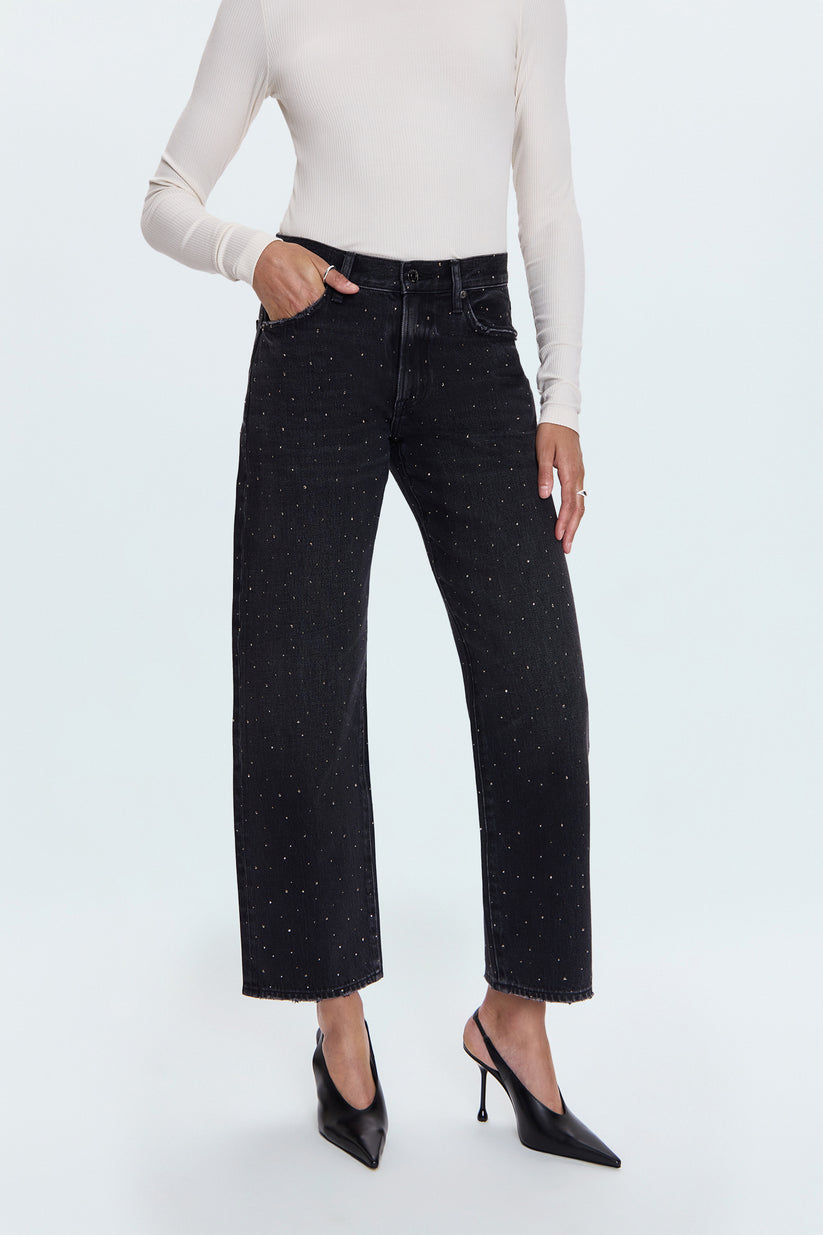 Lexi Silver Screen Mid Rise Bowed Straight Jean