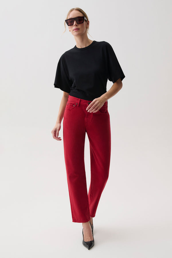 Lexi Savvy Red Mid Rise Bowed Straight Leg Jean