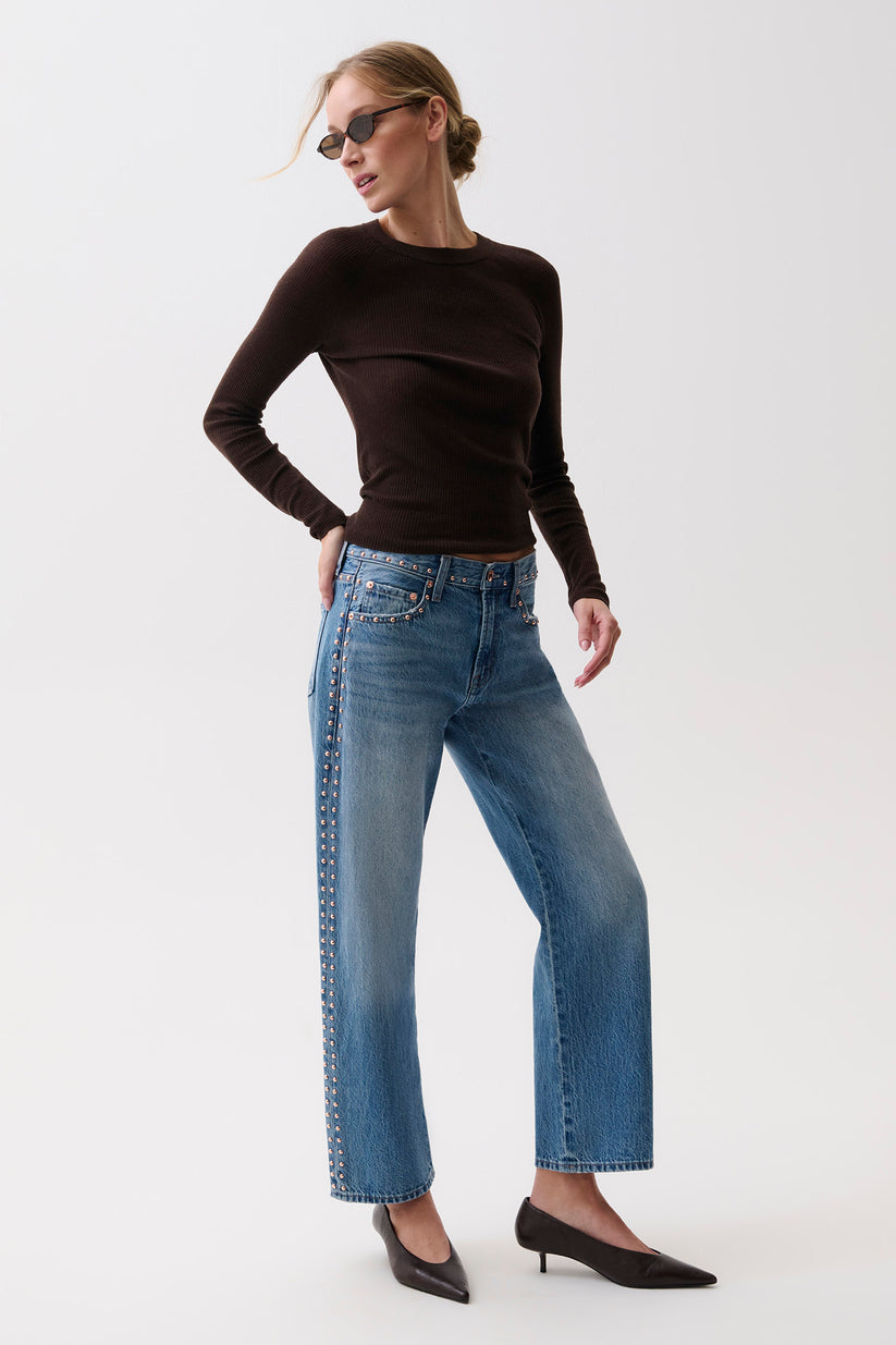 Lexi Star Studded Mid Rise Bowed Straight Jean