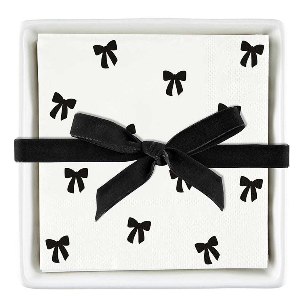 Black Bow Napkins in Ceramic Tray