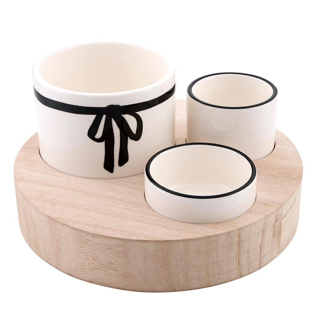 Bow Trio Ceramic Bowls with Wood Base