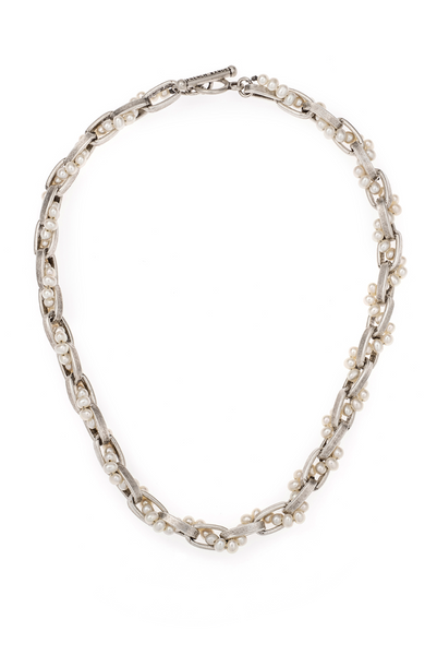 SILVER LYON CHAIN WITH WOVEN MICRO PEARLS NECKLACE