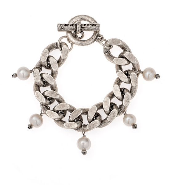SILVER BEVEL CHAIN WITH PEARL DANGLES BRACELET