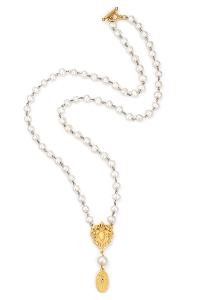 PEARLS WITH SILVER WIRE HEART FOB AND AUSTRIAN CRYSTAL CUVEE PENDANT NECKLACE