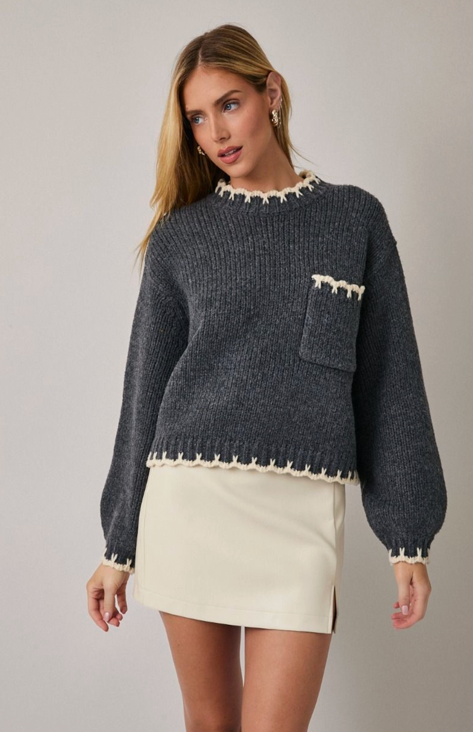 Round Neck Long Sleeve Stitch Detail Sweater
