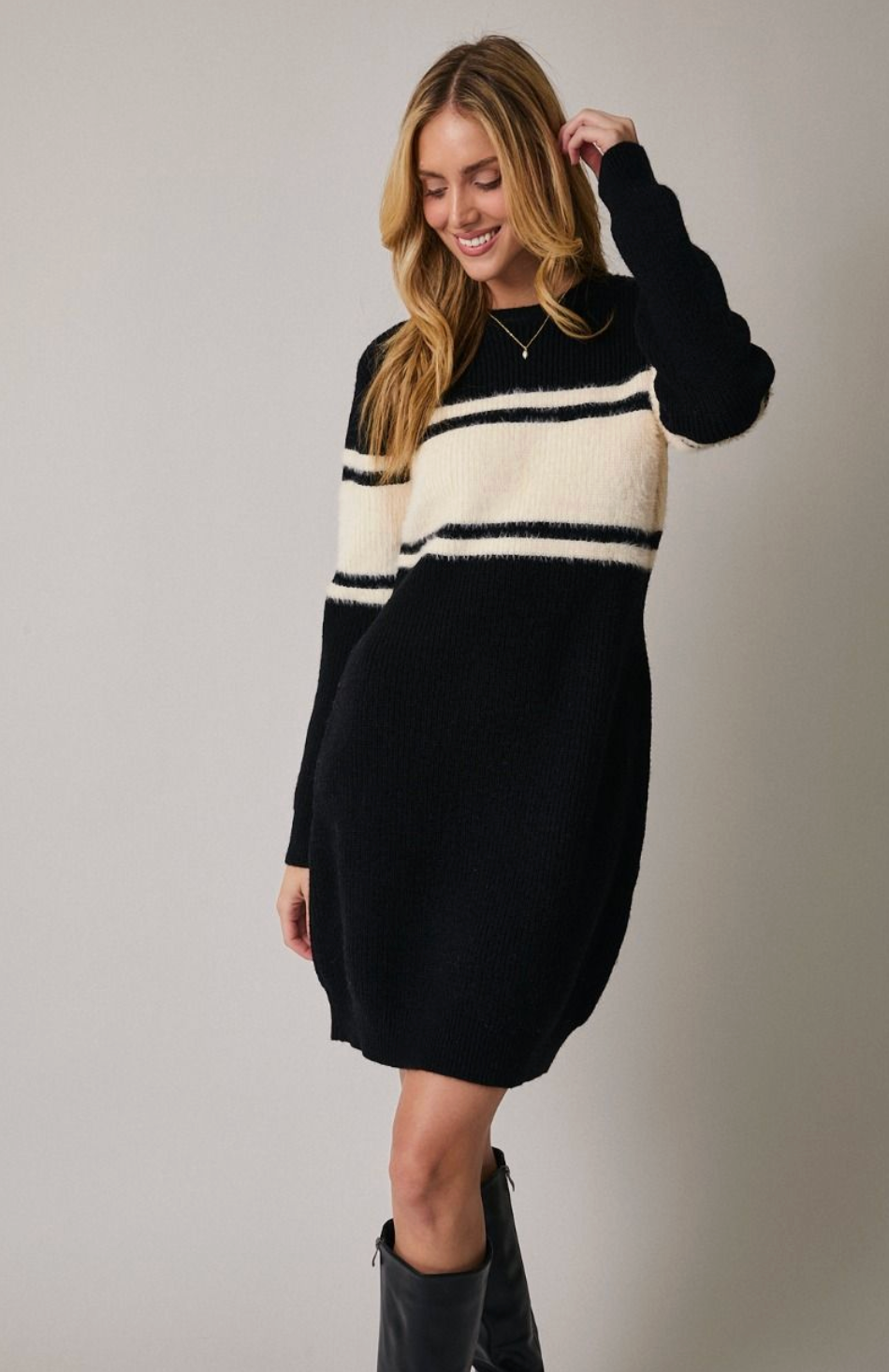 Crewneck Long Sleeve Stripe Sweater Dress