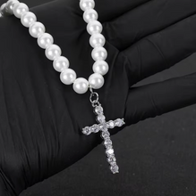 Pearl Rhinestone Cross Necklace 18"