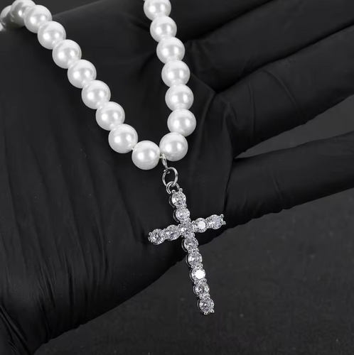 Pearl Rhinestone Cross Necklace 18