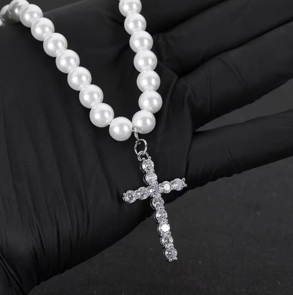 Pearl Rhinestone Cross Necklace 18