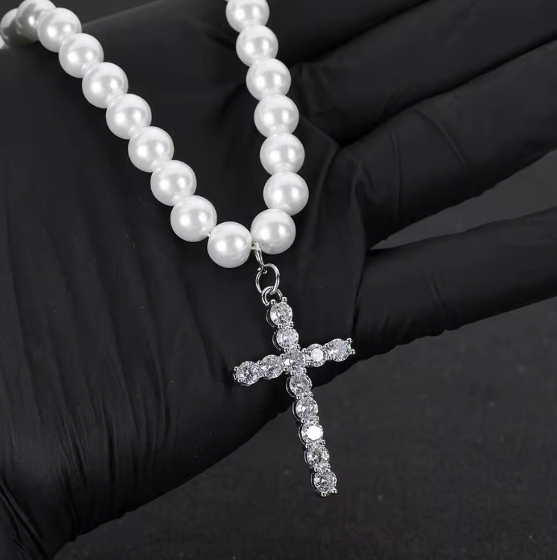 Pearl Rhinestone Cross Necklace 18