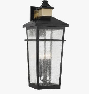 KINGSLEY 4-LIGHT OUTDOOR WALL LANTERN, MATTE BLACK W/ WARM BRASS ACCENTS