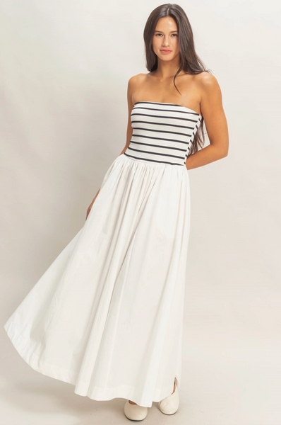 Striped Strapless Flowy Midi Dress