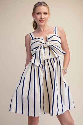 V-Neck Tie Front Stripe Mini Dress