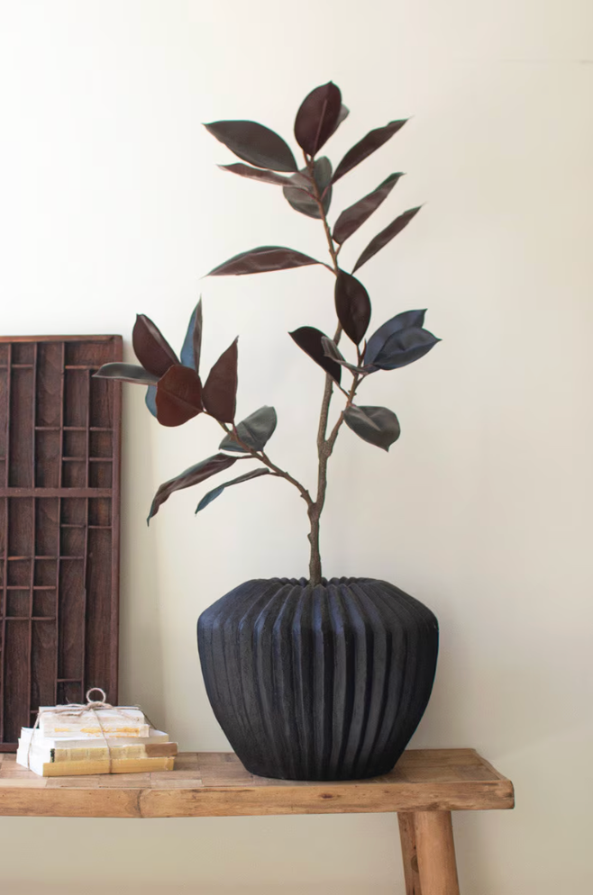 Short Black Stone Fluted Urn
