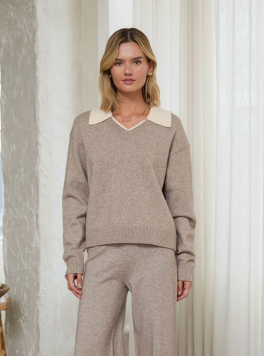 Ribbed Collar V Neck Sweater