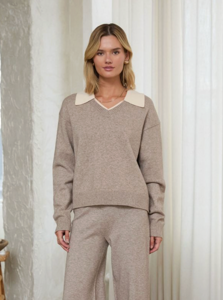 Ribbed Collar V Neck Sweater