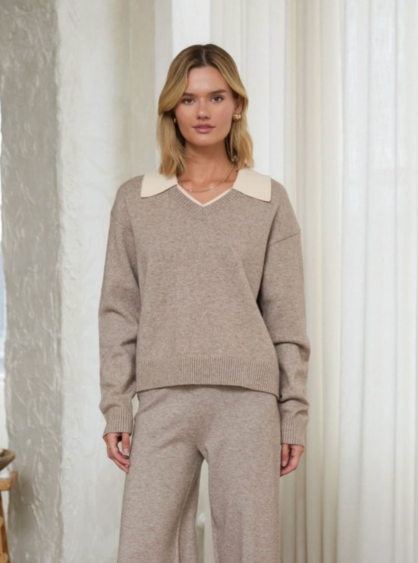 Ribbed Collar V Neck Sweater