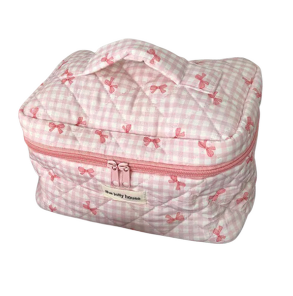 Pink Plaid Bow Quilted Cosmetic Bag-Large