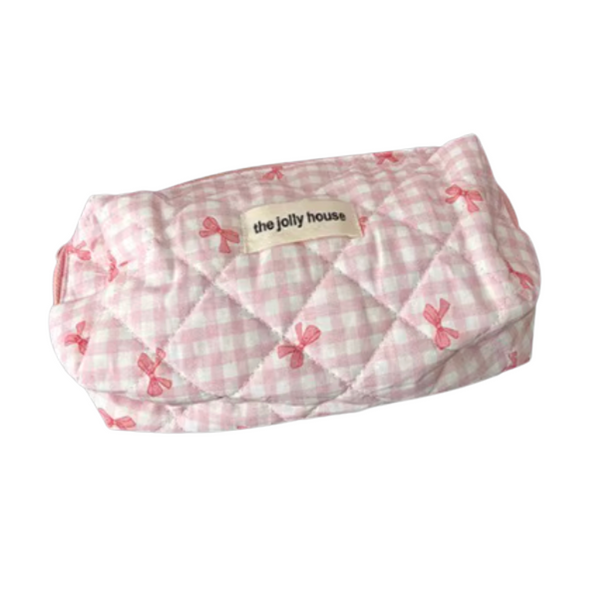 Pink Plaid Bow Quilted Cosmetic Bag-Small