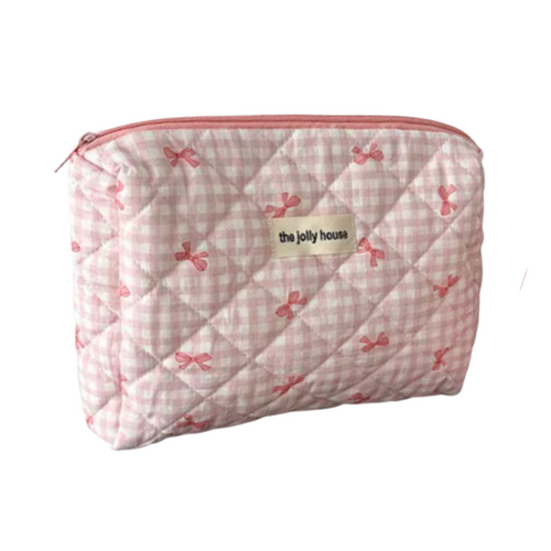 Pink Bow Quilted Cosmetic Bag-Medium