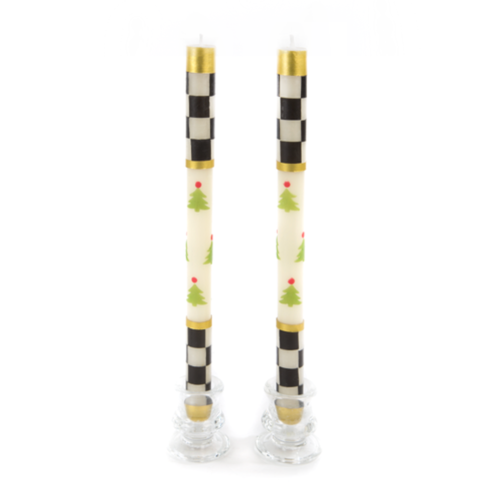 Christmas Tree Dinner Candles-Check Bands, Set of 2