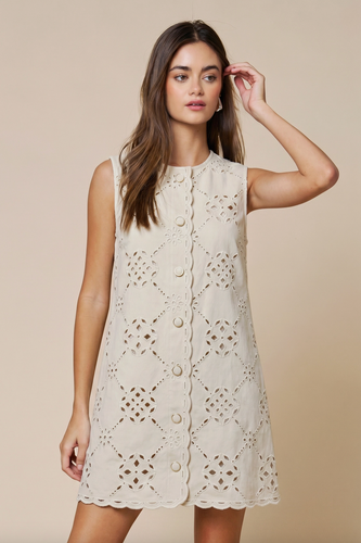 Pattern Embroidery Button Down Mini Shift Dress
