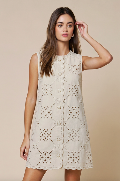 Pattern Embroidery Button Down Mini Shift Dress