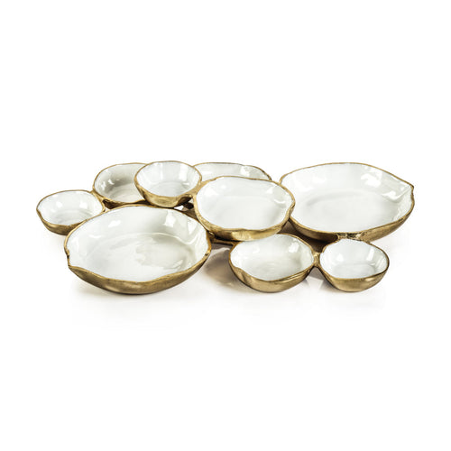 Cluster of Nine Round Serving Bowls-Gold/White