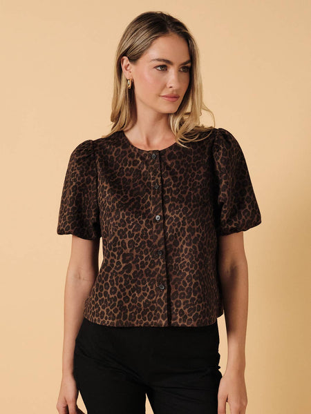 Round Neck Half Puff Sleeve Button Up Top