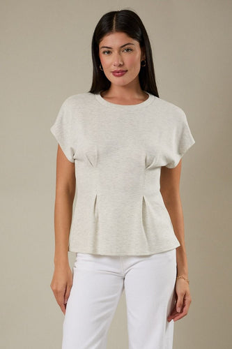 Crew Neck Cap Sleeve Pleated Top