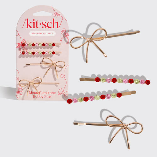 Holiday Gemstone Bow Bobby Pins 4pc Set