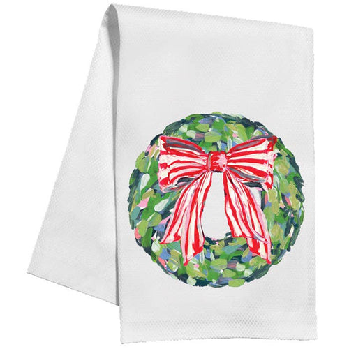Wreath with Red and White Striped Bow Kitchen Towel
