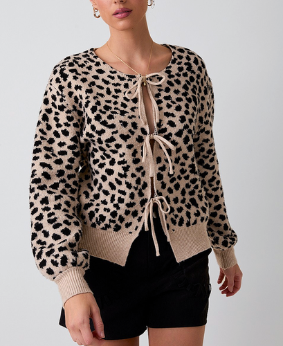 Front Tie Animal Print Cardigan