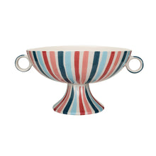 HAND PAINTED STONEWARE STRIPE FOOTED BOWL WITH HANDLES