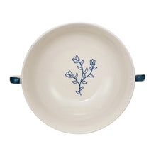 HAND PAINTED STONEWARE STRIPE FOOTED BOWL WITH HANDLES