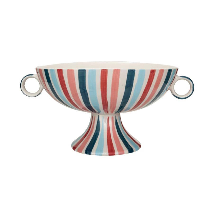HAND PAINTED STONEWARE STRIPE FOOTED BOWL WITH HANDLES