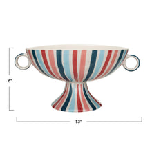 HAND PAINTED STONEWARE STRIPE FOOTED BOWL WITH HANDLES