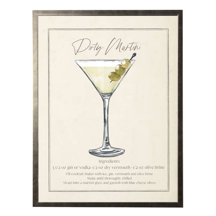 Watercolor Dirty Martini Drink with Recipe 8x10