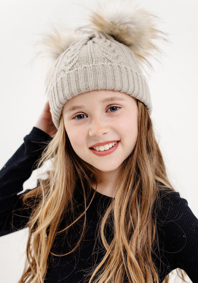 Oatmeal Cable Knit Faux Fur Pom Beanie