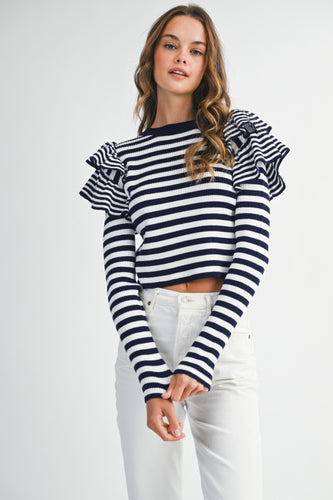 Stripe Ruffle Long Sleeve Knit Top