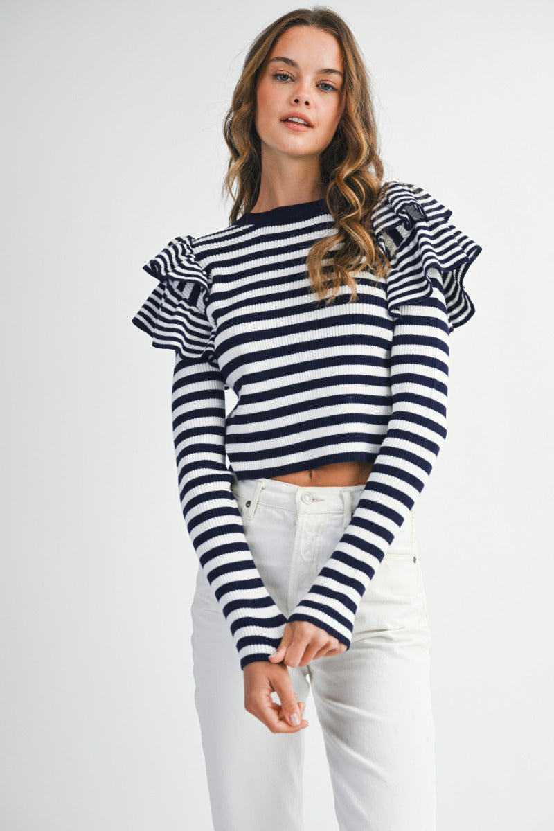 Stripe Ruffle Long Sleeve Knit Top
