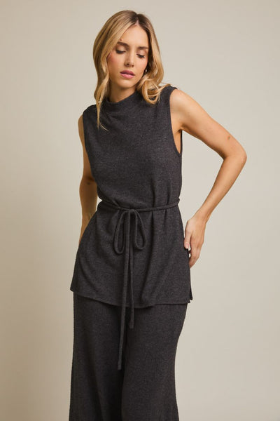 Mock Neck Sleeveless Waist Tie Top