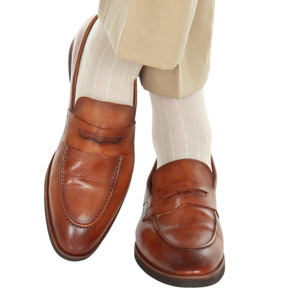 Tan White Vertical Stripe Mid Calf Sock