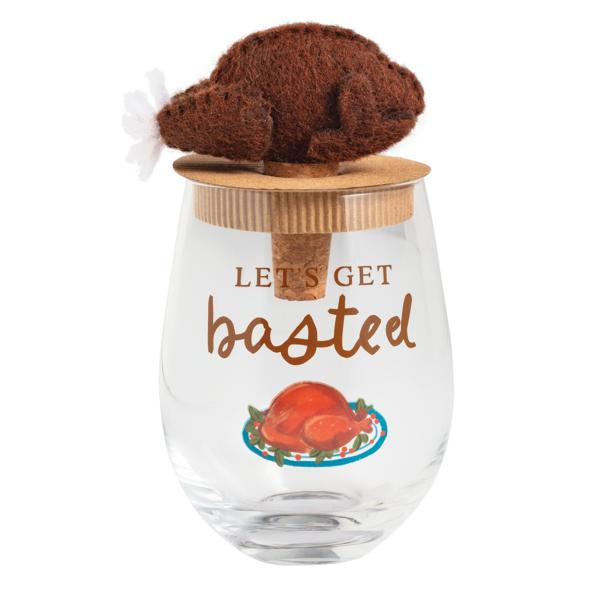 Basted Thanksgiving Wine Glass and Stopper Set
