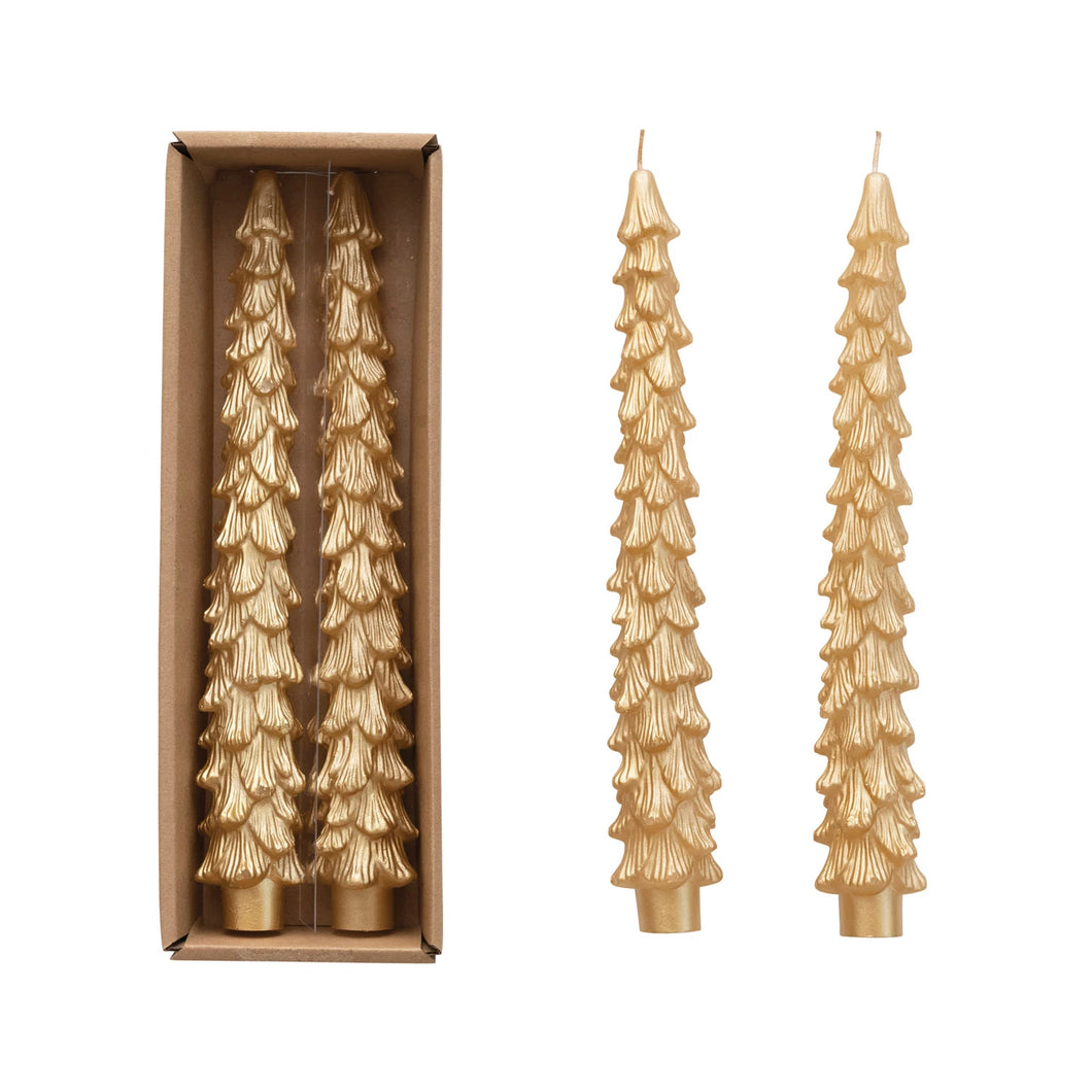 TREE SHAPED TAPER CANDLES IN BOX S/2 GOLD COLOR