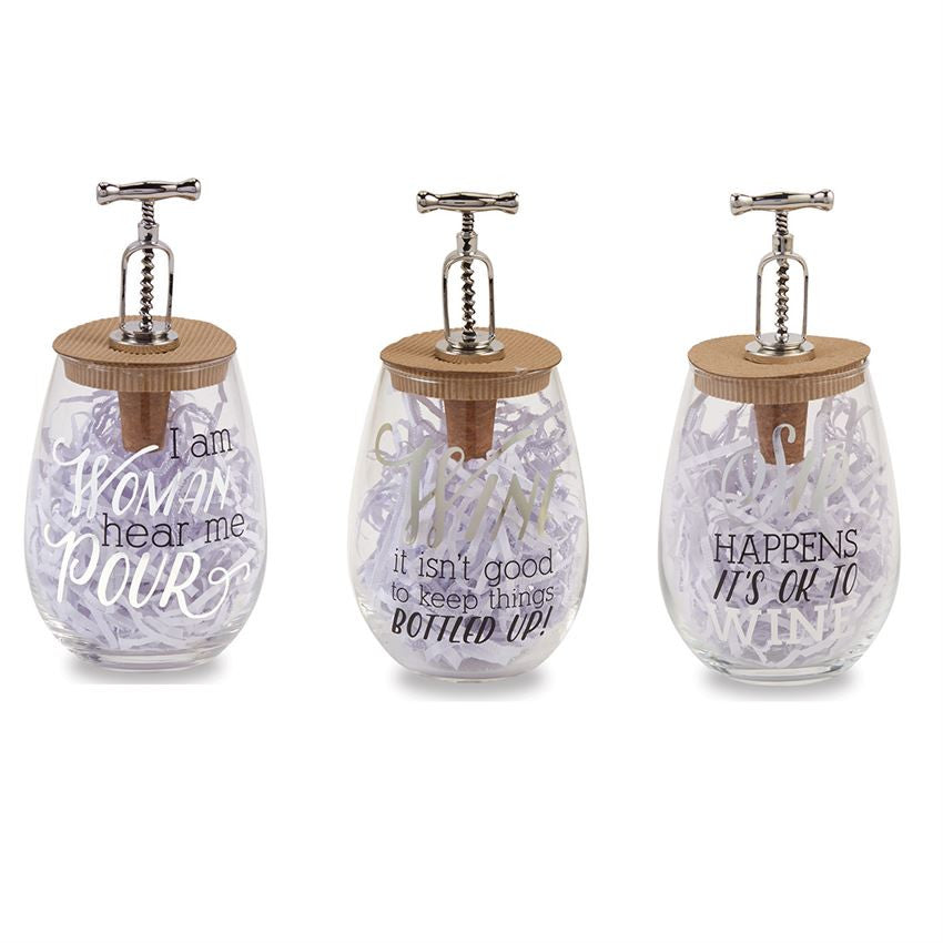 Stemless Wine & Corkscrew Topper Sets, Gifts, Mud Pie, Laura of Pembroke